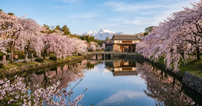 Akita 7 Senshu Park castle gate and moat surrounded by blooming cherry blossoms in Akita Japan