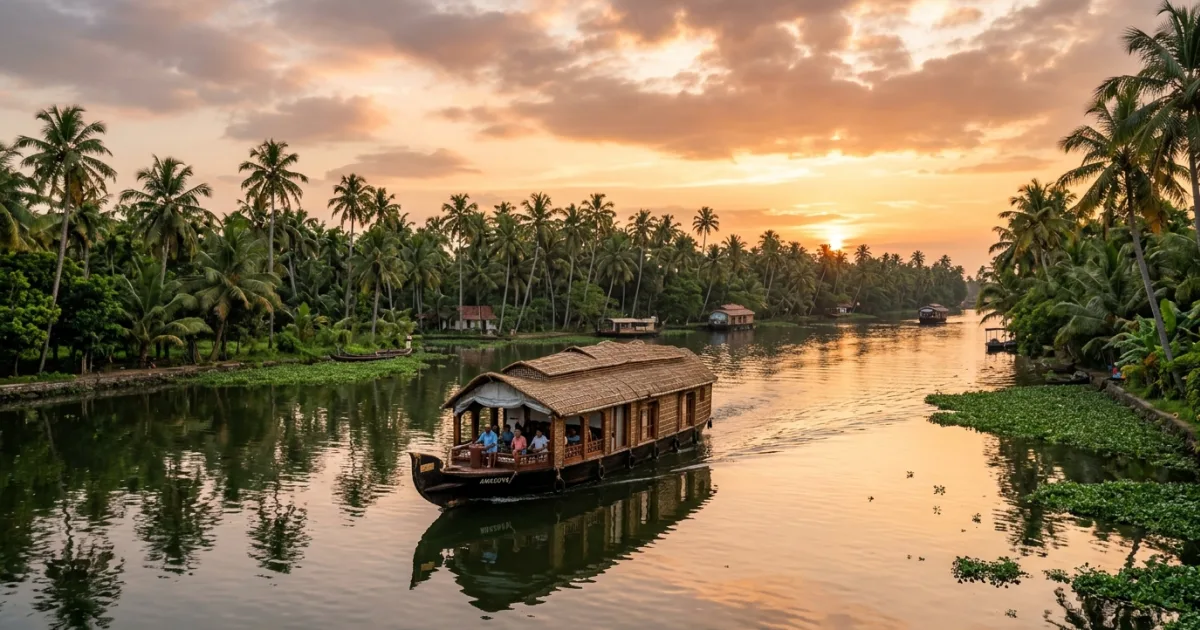 Traditional wooden houseboat cruising on the calm palm-fringed backwaters of Alappuzha Kerala at sunset