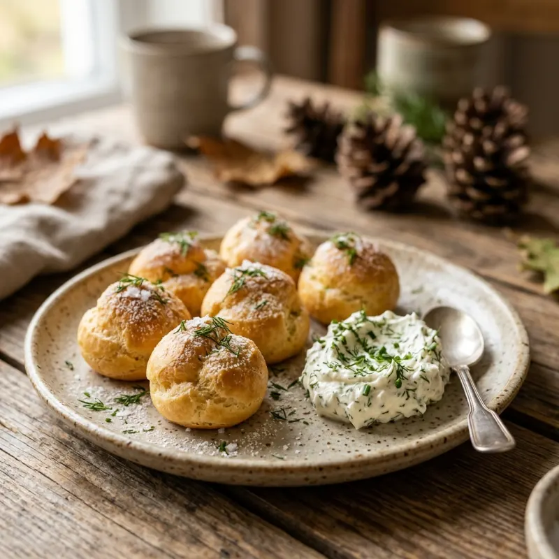Savory miniature choux pastries served on a rustic plate in Aluksne