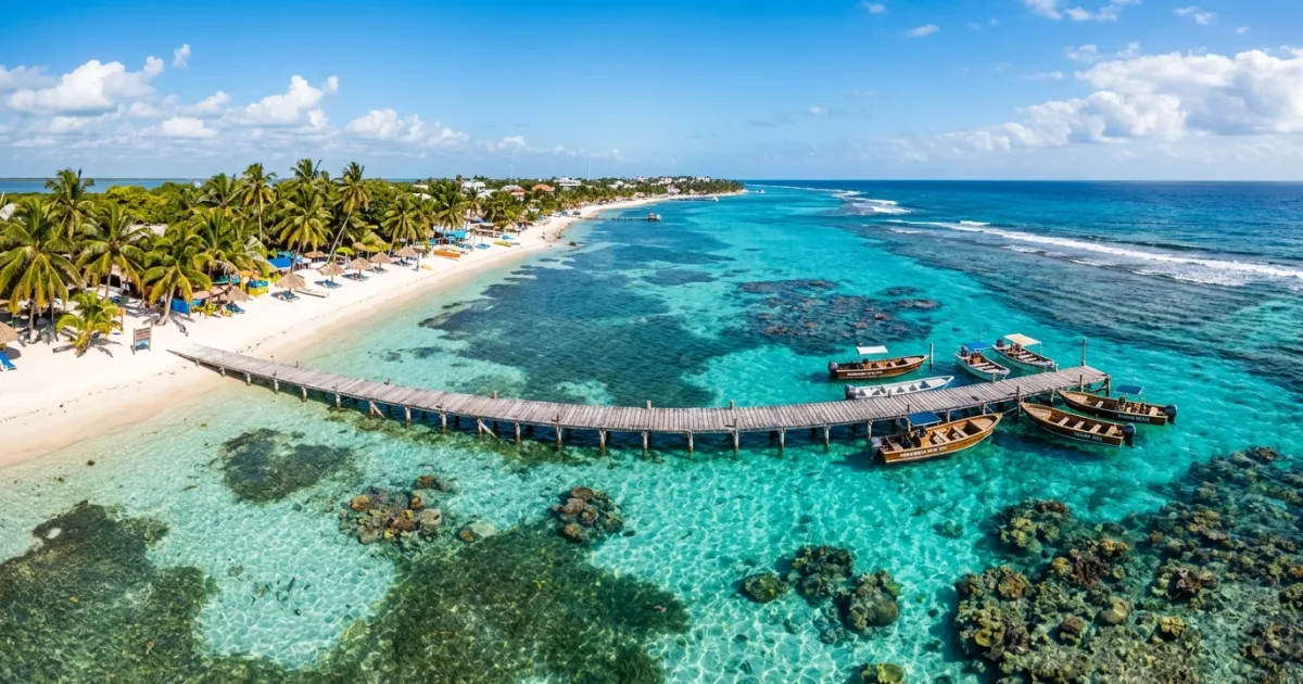 Wide panoramic view of a wooden pier and clear turquoise waters on Ambergris Caye, Belize