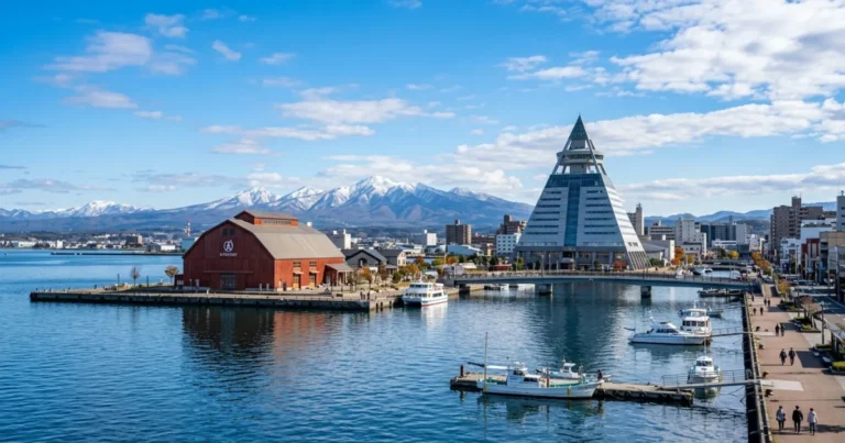 Aomori 8 Scenic wide-angle view of the Aomori waterfront and Mount Hakkoda in Japan