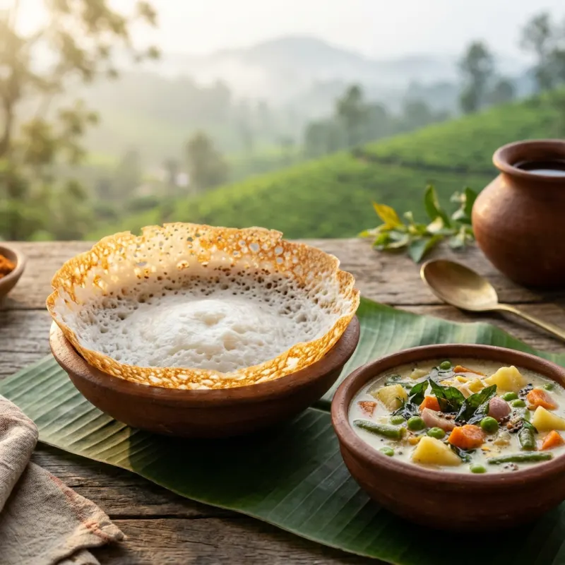 Fresh Kerala appam served with fragrant vegetable stew on a banana leaf