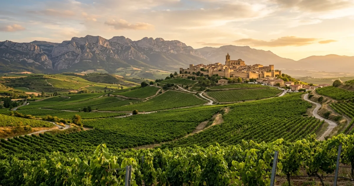 Panoramic view of Rioja Alavesa vineyards with the medieval town of Laguardia and mountains in Araba