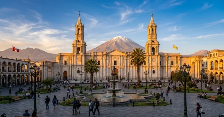 Arequipa (City) 7 Panoramic view of Arequipa Plaza de Armas with the white sillar cathedral and El Misti volcano in Peru