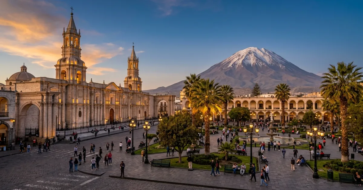 Arequipa Plaza de Armas and Cathedral with El Misti volcano in the background