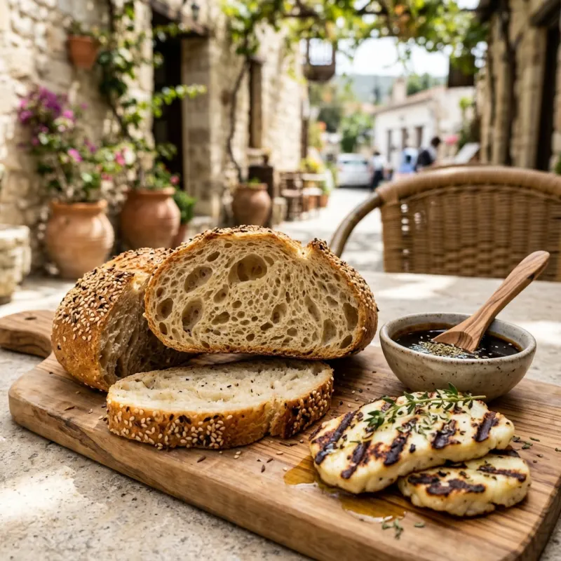 Freshly baked Arkatena bread with halloumi cheese on an olive wood board