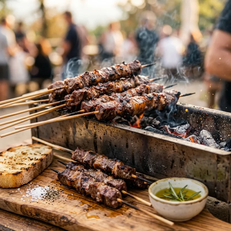 Traditional Abruzzese arrosticini mutton skewers grilling over charcoal embers