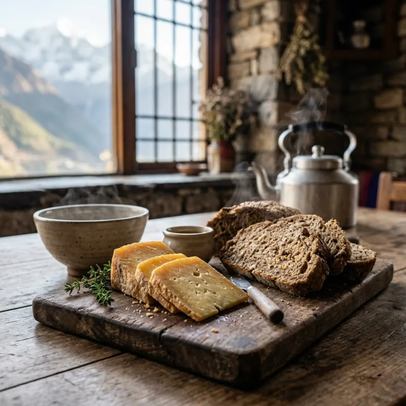 Freshly sliced alpine yak cheese and warm traditional buckwheat bread in a mountain lodge.