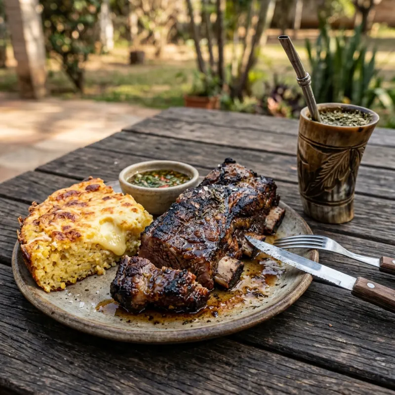 Asado Chaqueño grilled beef ribs served with baked Chipa Guasú and a yerba mate guampa
