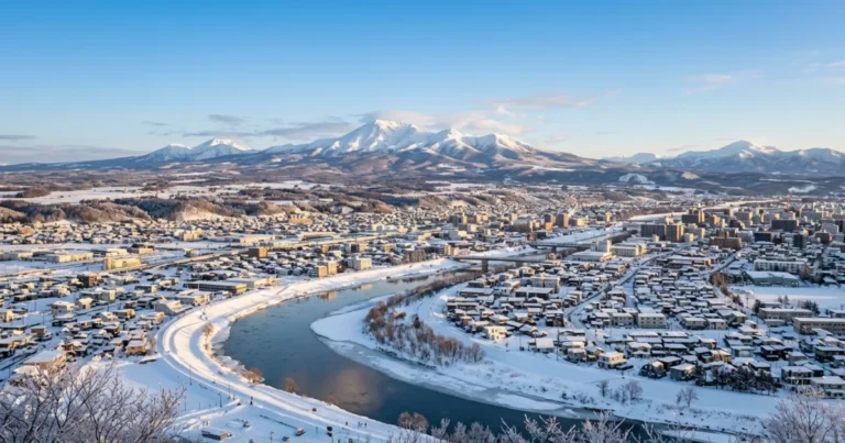 Asahikawa 6 Panoramic view of Asahikawa city covered in winter snow with the Daisetsuzan mountain range in the background