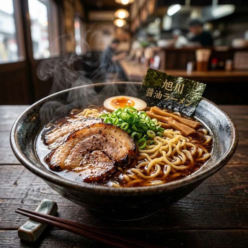Bowl of traditional Asahikawa shoyu ramen with pork chashu and bamboo shoots