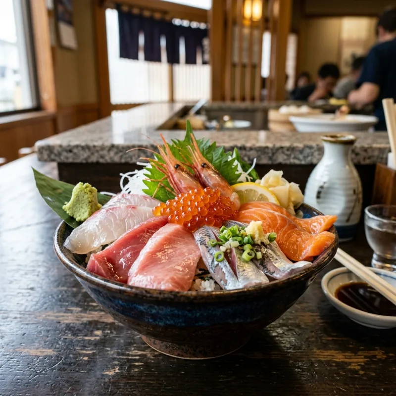 Authentic Japanese seafood rice bowl kaisendon with sashimi toppings