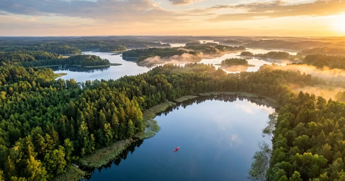 Aerial view of calm interconnected lakes and pine forests in Aukštaitija Lake District Lithuania