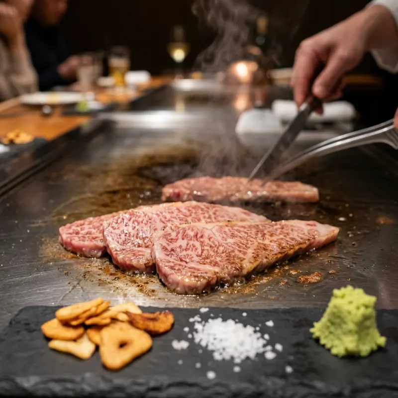 Sizzling slices of authentic Kobe beef on a hot teppanyaki iron griddle with garlic chips