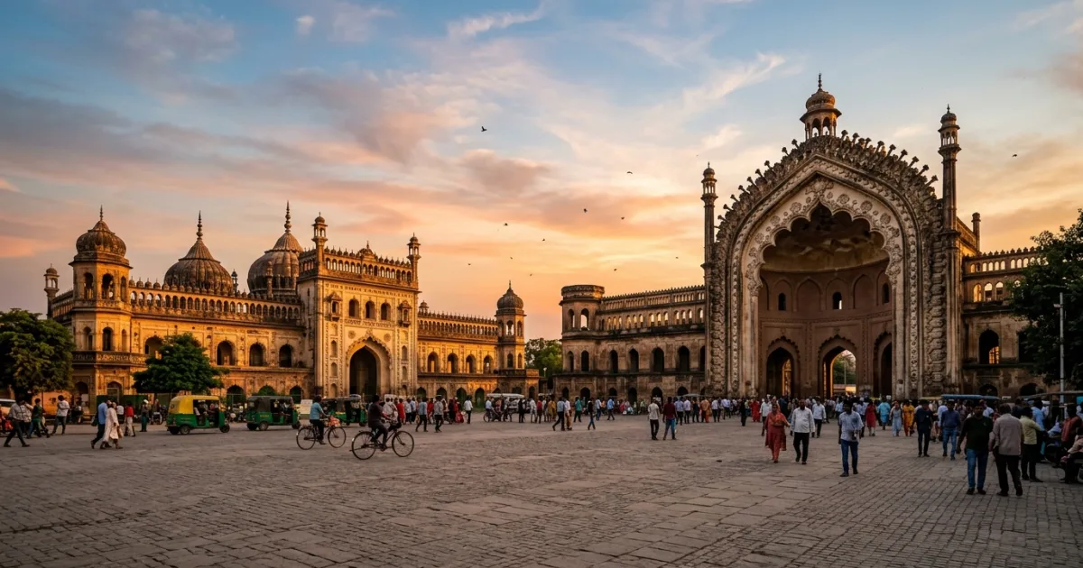 Architectural panorama of the historic Awadh monuments during golden hour