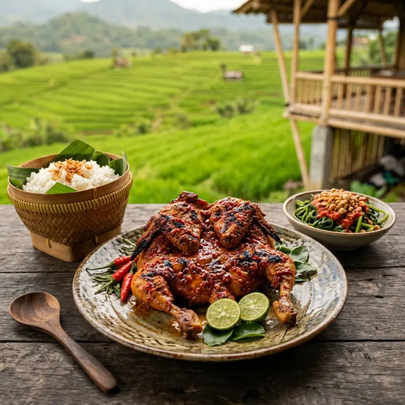 Authentic Lombok Ayam Taliwang spicy grilled chicken served with plecing kangkung and rice