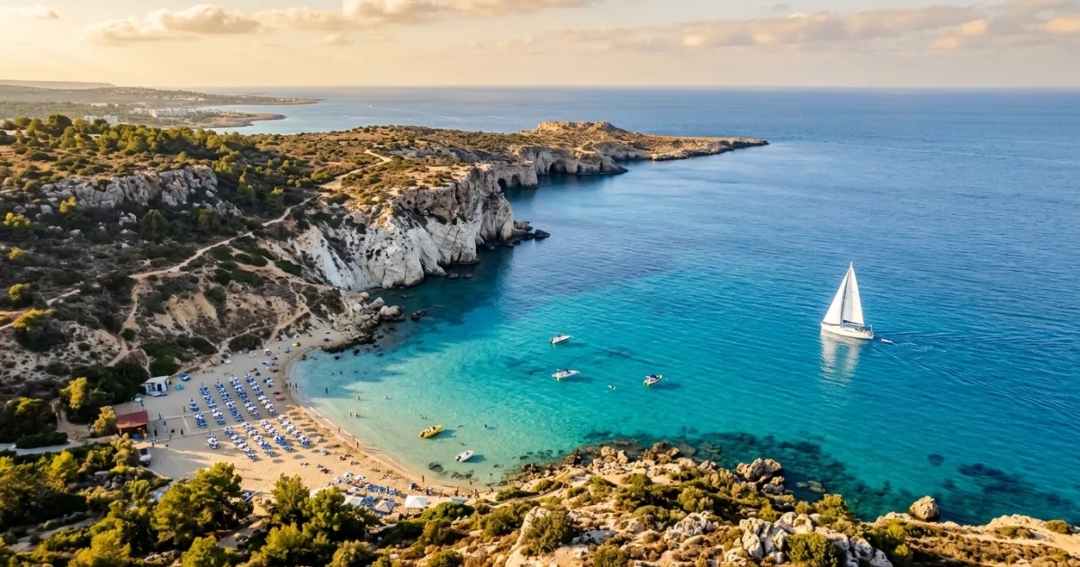 Panoramic view of turquoise waters and limestone cliffs along Ayia Napa and Protaras coast in Cyprus.