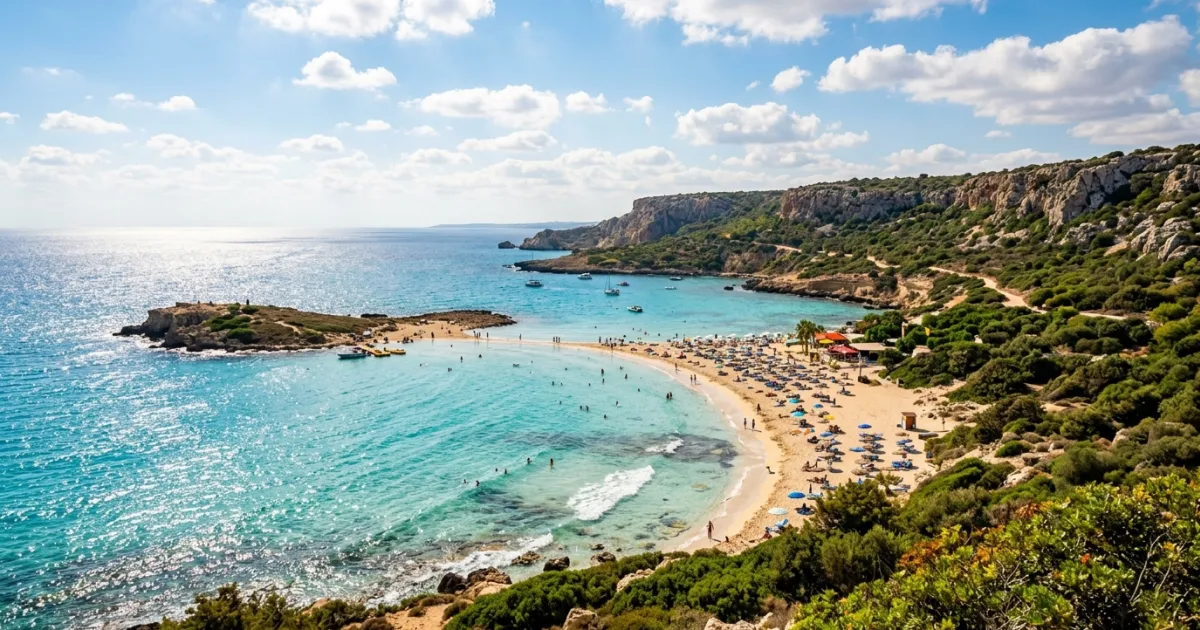 Panoramic view of turquoise sea and golden sands in Ayia Napa Cyprus