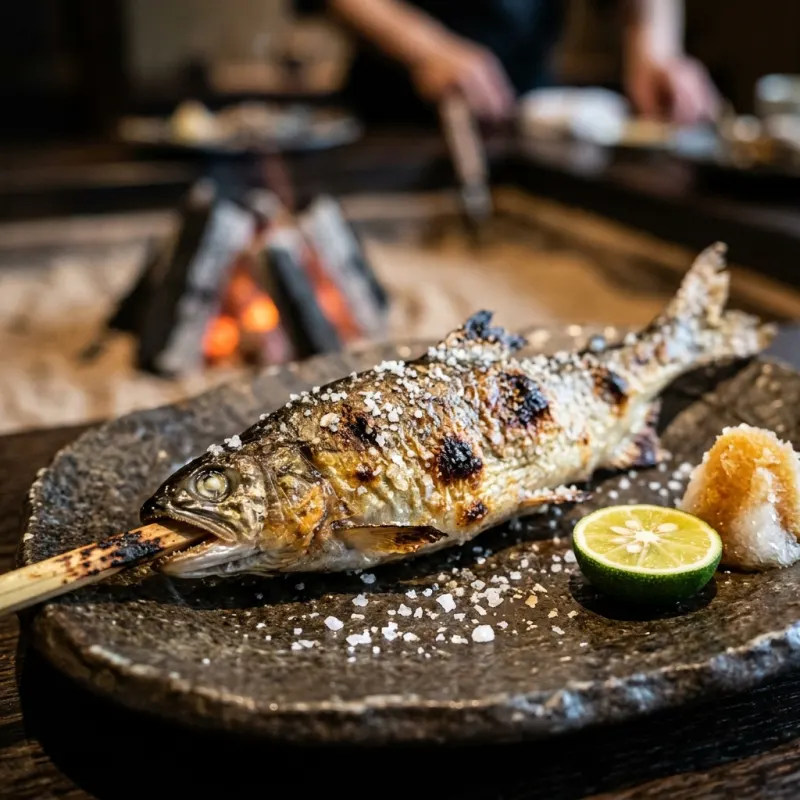 Salt-grilled sweetfish known as Ayu no Shioyaki served on a ceramic plate in Gifu