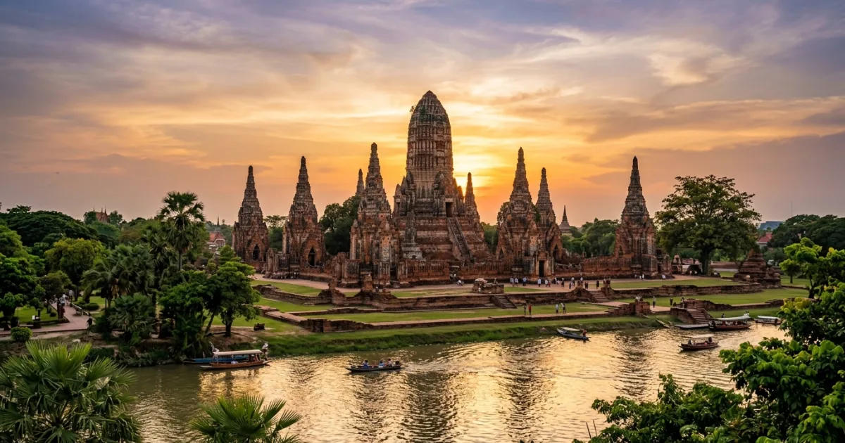 Panoramic view of the red-brick temples and prangs of Wat Chaiwatthanaram in Ayutthaya during sunset