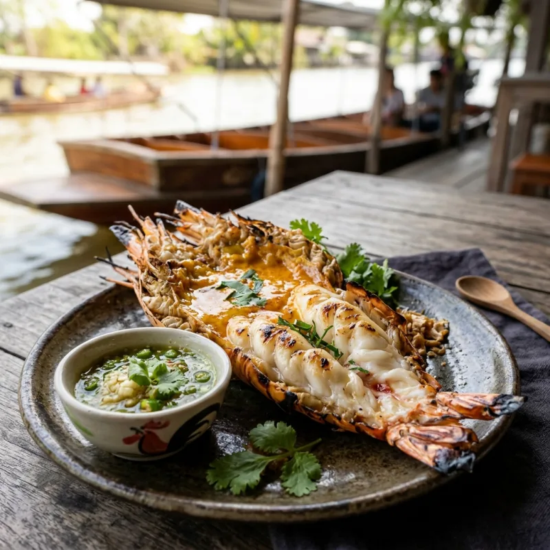 Grilled Ayutthaya giant river prawn showing golden head tomalley and grilled tail meat on a plate