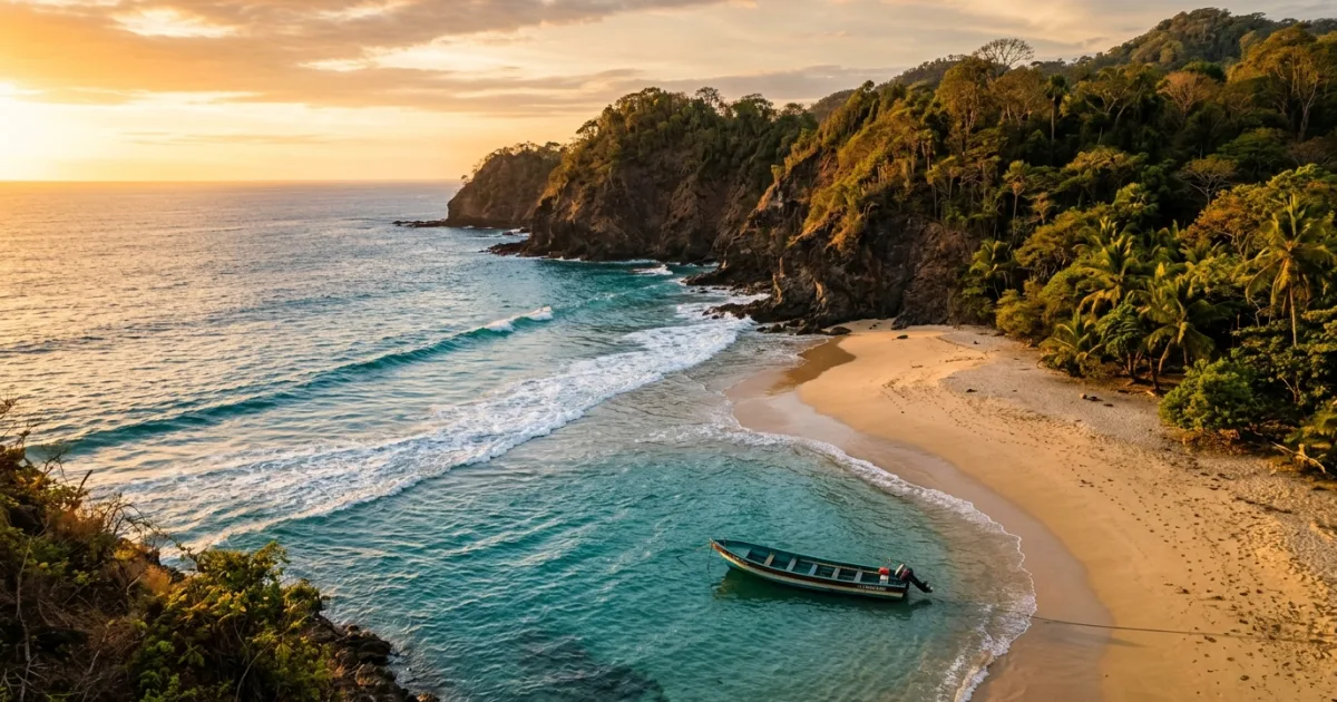 Panoramic view of the Azuero Peninsula coastline in Panama at golden hour