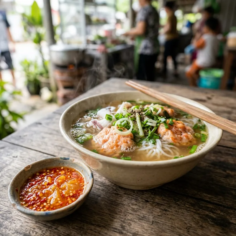 Authentic bowl of Phu Quoc Bun Quay stirred noodle soup with shrimp paste and lime chili sauce