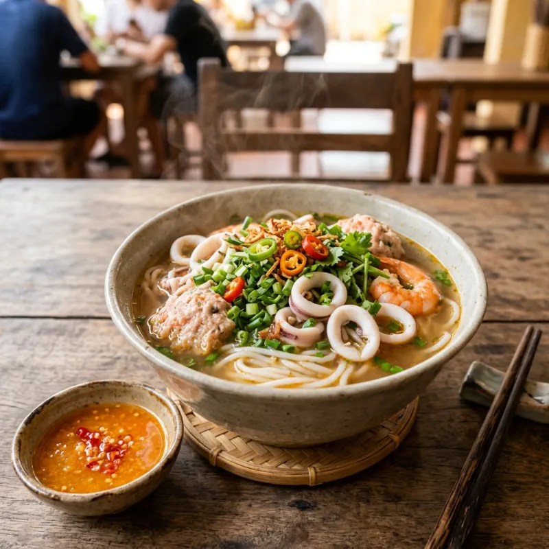 Fresh bowl of Bun Quay Phu Quoc seafood noodles with shrimp and squid