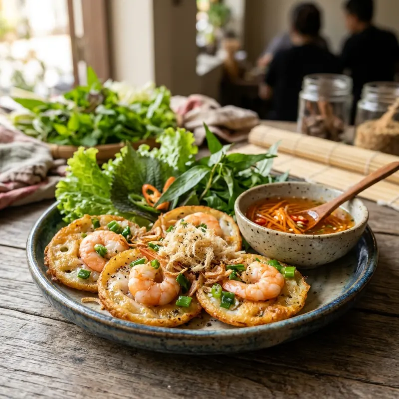 Golden crispy Vietnamese mini shrimp pancakes Banh Khot served with fresh herbs and dipping sauce