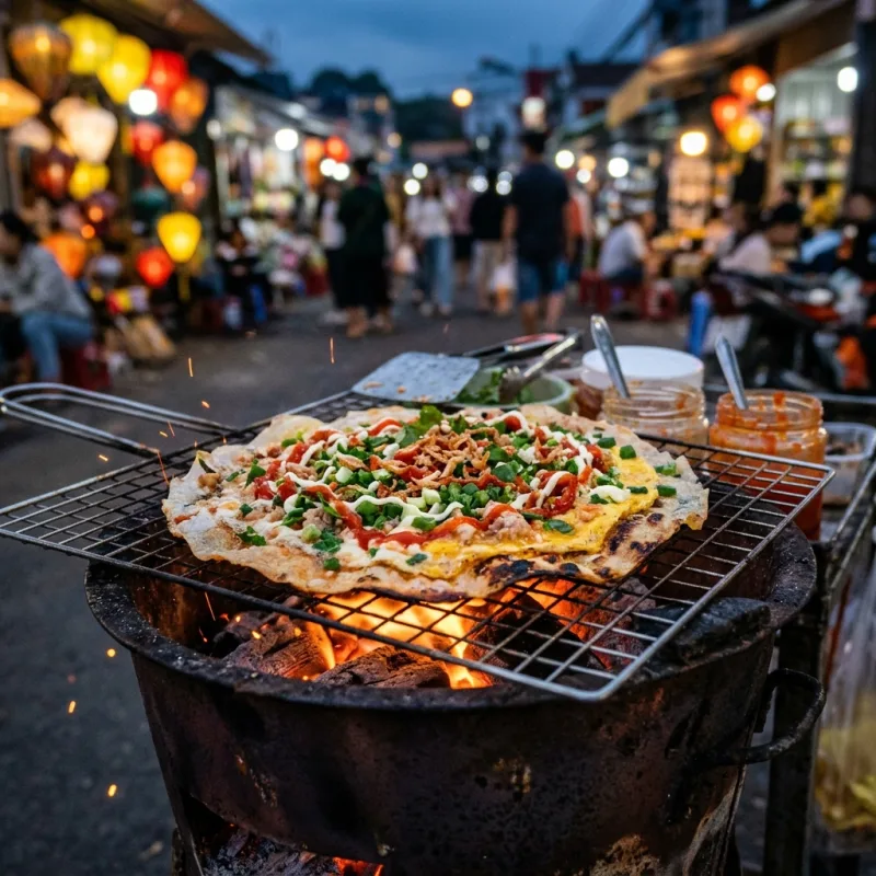 Vietnamese grilled rice paper pizza Banh Trang Nuong cooking over charcoal brazier in Da Lat