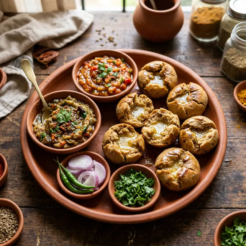 Traditional Purvanchali Baati Chokha served in clay bowl with roasted mashed vegetables and ghee