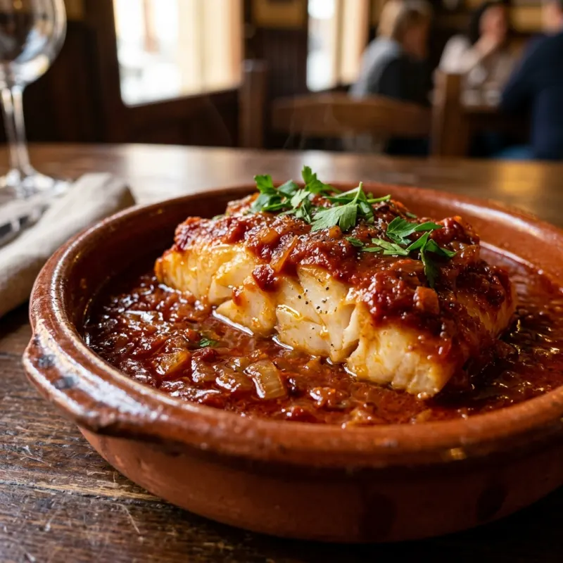 Authentic Basque Bacalao a la Vizcaína in a traditional earthenware dish