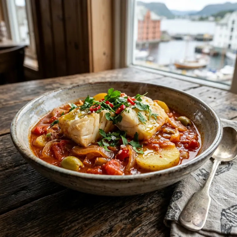 Authentic Norwegian bacalao cod stew in a rustic bowl