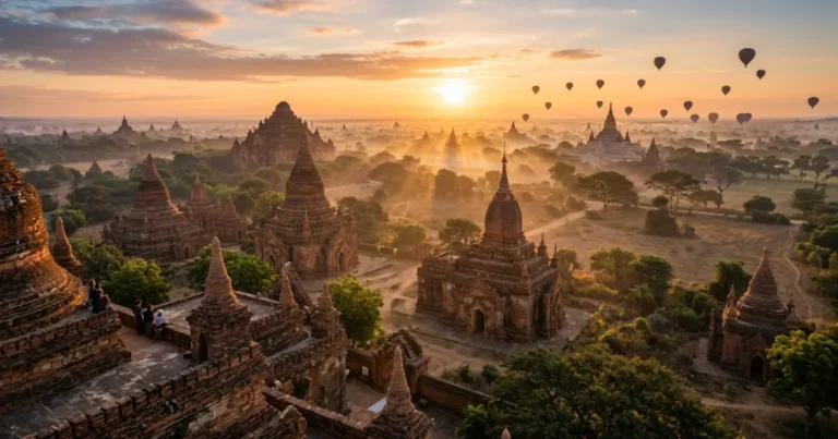 Bagan 6 Panoramic view of ancient brick temples across the Bagan plains at sunrise with hot air balloons