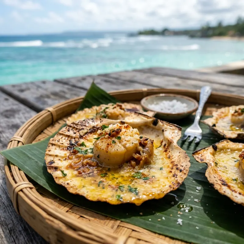 Freshly baked scallops with melted butter and garlic on a banana leaf platter