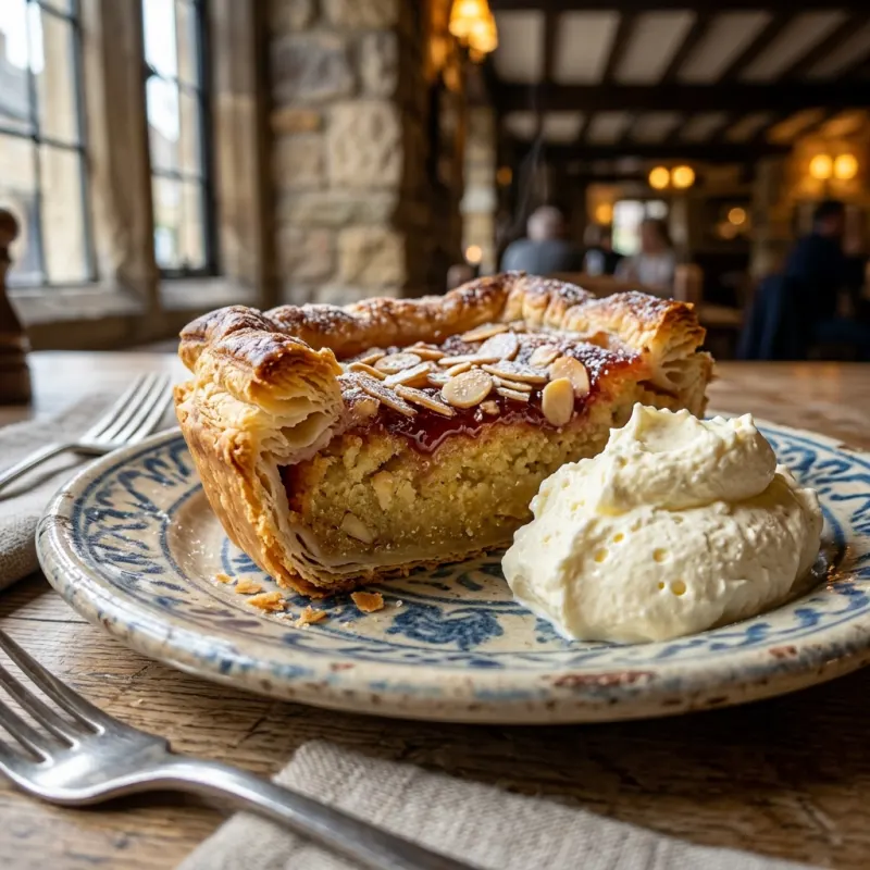 Authentic warm Bakewell pudding served with clotted cream on a rustic ceramic plate