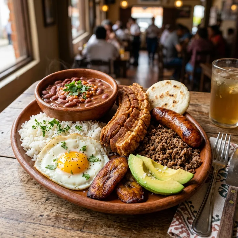 Authentic Colombian Bandeja Paisa platter with chicharron, beans, rice, and plantain