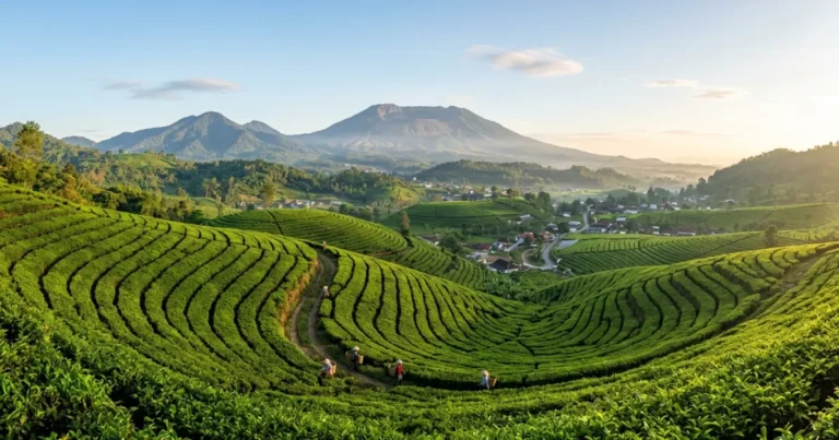 Bandung 4 Panoramic view of lush green tea plantations and distant volcanic mountains in Bandung, Indonesia