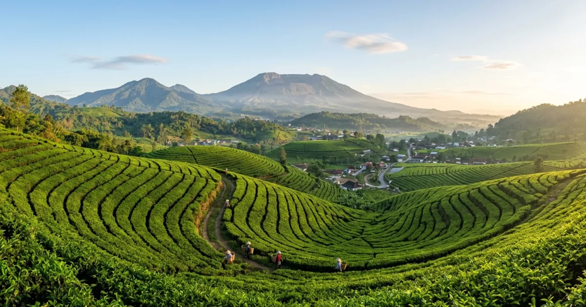 Panoramic view of lush green tea plantations and distant volcanic mountains in Bandung, Indonesia