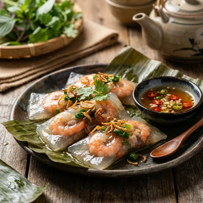 Authentic Vietnamese Banh Bot Loc tapioca dumplings filled with shrimp and pork on a rustic plate