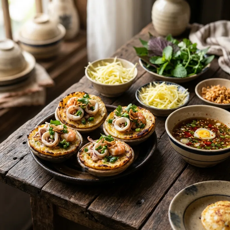Authentic Vietnamese Banh Can rice cakes with fresh seafood and broth in Phan Thiet