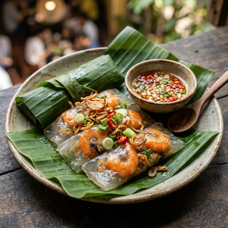 Authentic Vietnamese Banh Loc tapioca dumplings on a banana leaf in Quang Binh