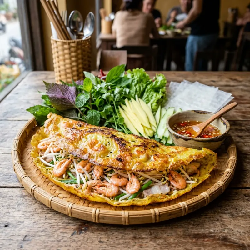 Vietnamese Banh Xeo Tom Nhay crispy shrimp pancake with herbs and dipping sauce in Quy Nhon