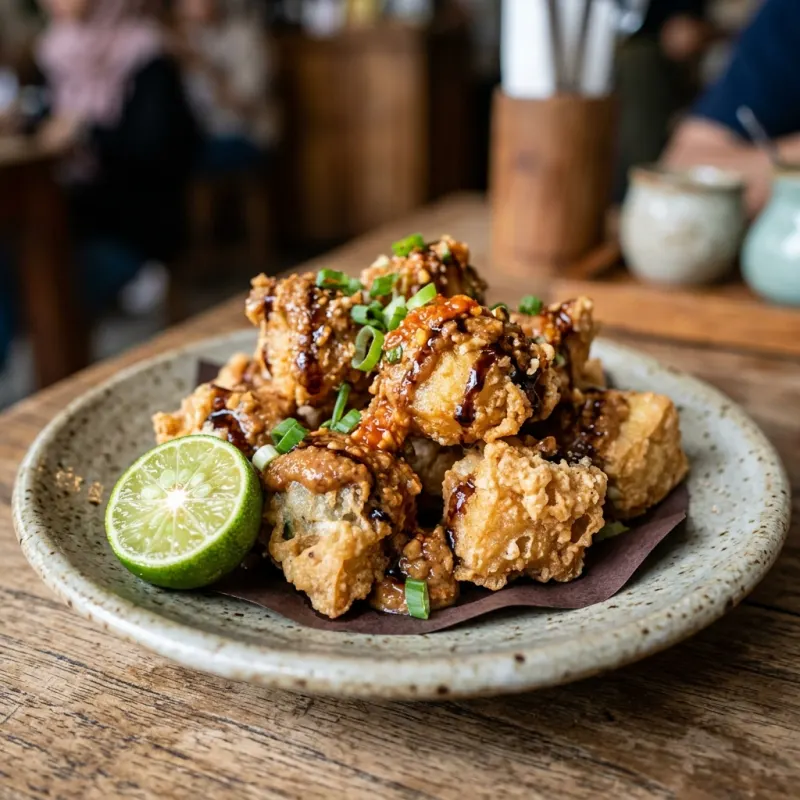 Batagor Bandung crispy fried fish dumplings covered in peanut sauce with lime