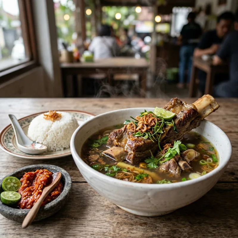 Authentic Indonesian Bebalung beef rib soup on a wooden table