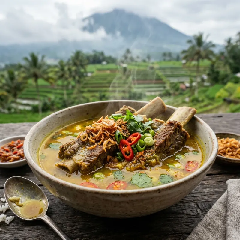 Bebalung Sembalun beef rib soup served in a bowl on a rustic table