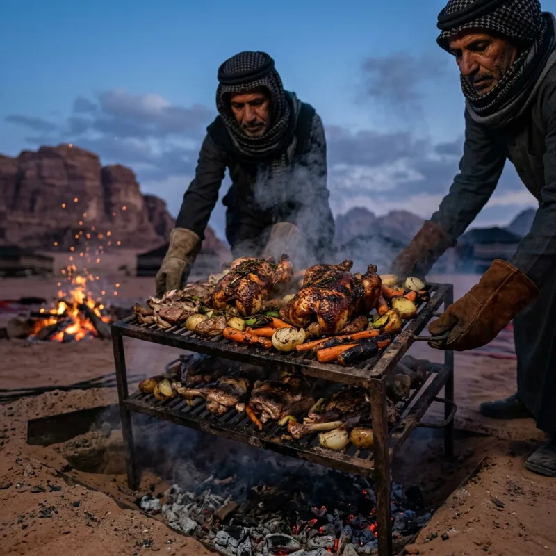 Traditional Bedouin Zarb meat and vegetables pulled from an underground desert sand oven in Wadi Rum