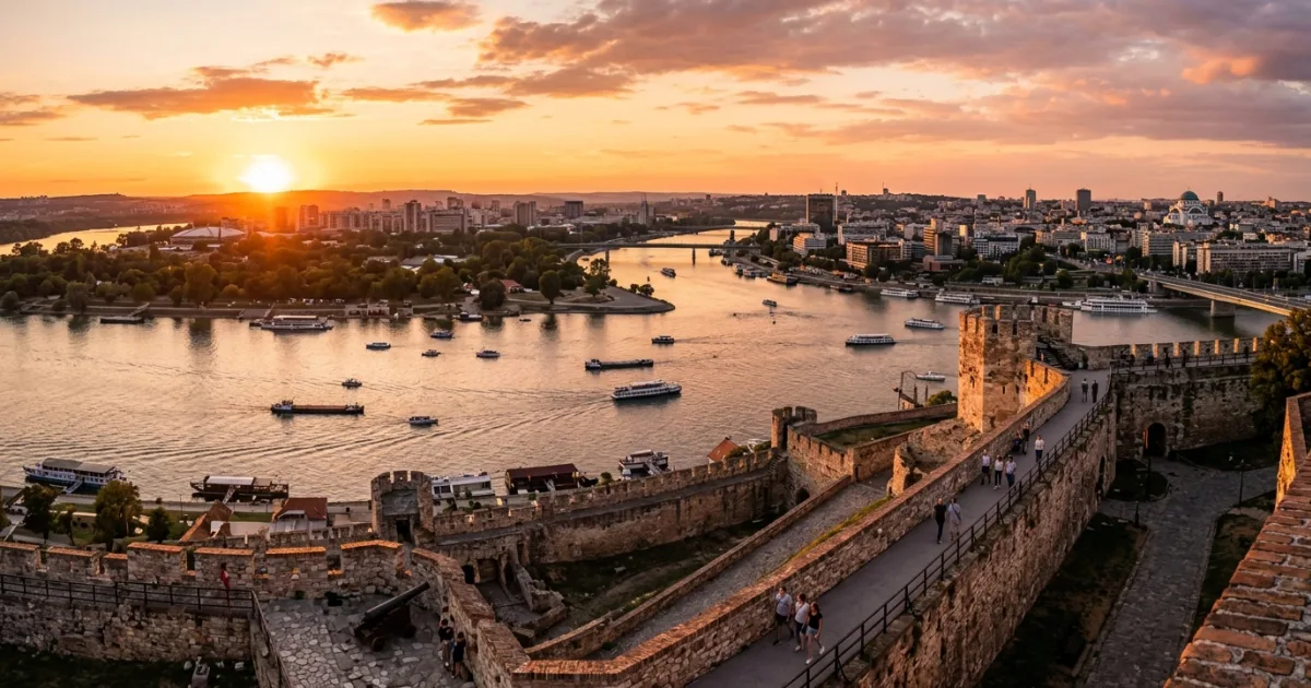 Panoramic sunset view over Kalemegdan Fortress overlooking the confluence of Sava and Danube rivers in Belgrade