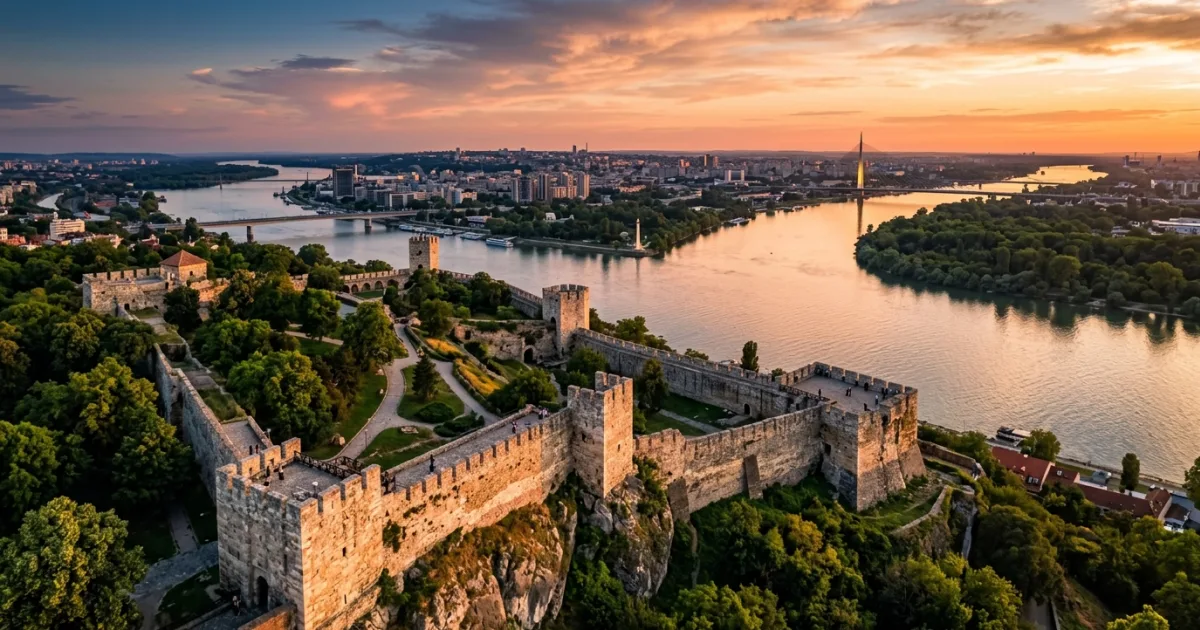 Panoramic sunset view over Belgrade Fortress and the confluence of the Sava and Danube rivers