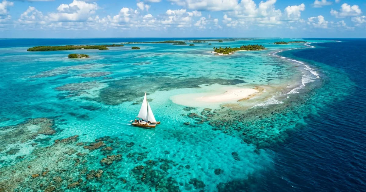 Aerial panoramic view of the turquoise coral reef and clear waters along the Belize Barrier Reef